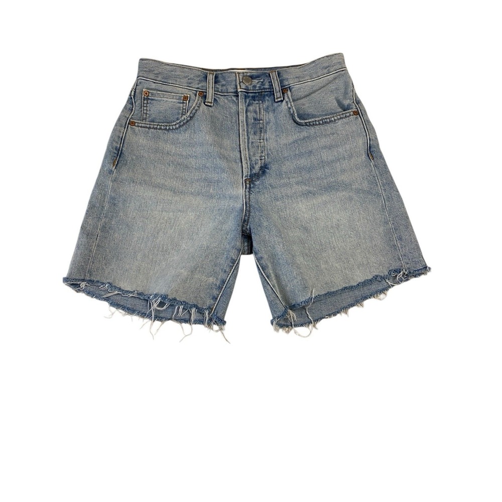 Denim Forum The Yoko Hi-Rise Thigh Short Aritzia Blue Raw Hem Size 25 Button Fly